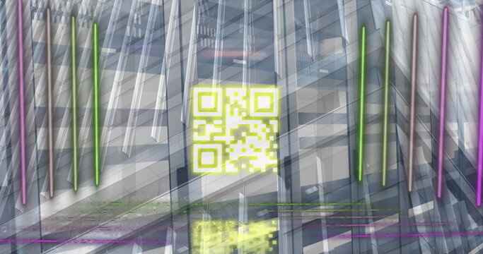 Image of neon lines with qr code against office building