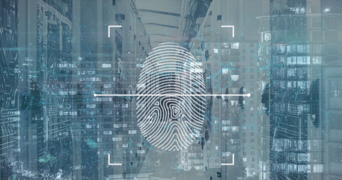 Image of fingerprint scanning on digital interface against server room - Powered by Adobe