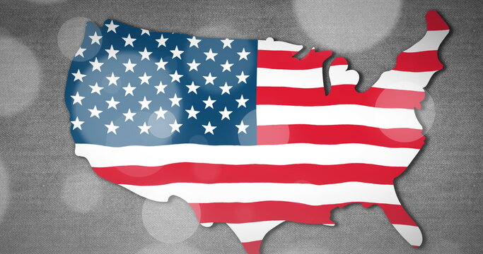 Naklejki Image of dots over map with flag od usa on grey background