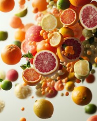 Colorful assortment of floating fruits and citrus slices.
