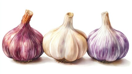 Three types of garlic bulbs arranged in a row.