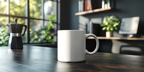 A blank mug on a wooden table with a coffee maker and greenery in the background.