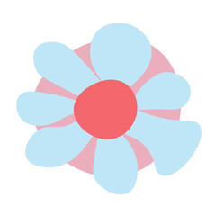 A bold stylized flower with large blue petals and a vivid red center, set against a soft pink circle. Ideal for decorative prints and modern floral designs.