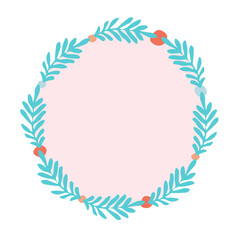 round decorative wreath made of soft blue-green leaves and tiny coral flowers forming a gentle floral frame.