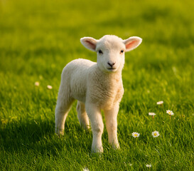 Obraz premium Adorable white lamb standing on a green meadow with daisies. Cute baby sheep looking at the camera in warm sunlight, symbol of spring, innocence, and countryside life.