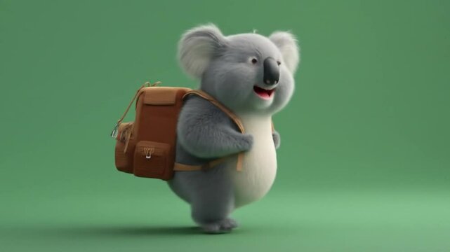Animated Koala Character Walking with Backpack on Green Background in 3D Video Sequence.