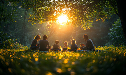 Family Enjoying Picnic at Sunset in Green Park Together