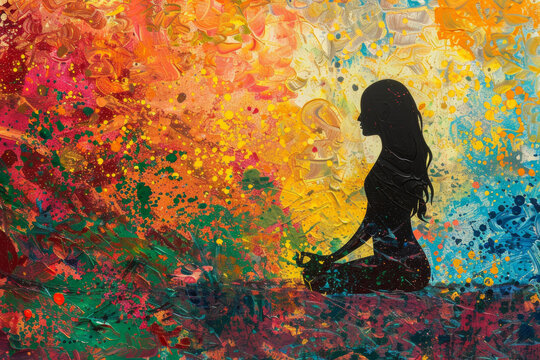 Colorful silhouette of a woman in the lotus position on an abstract background - Powered by Adobe
