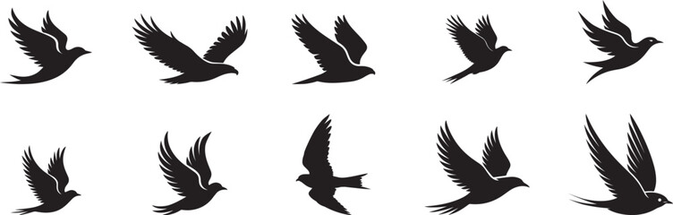 Ten silhouettes of birds in flight soaring free. eps-10