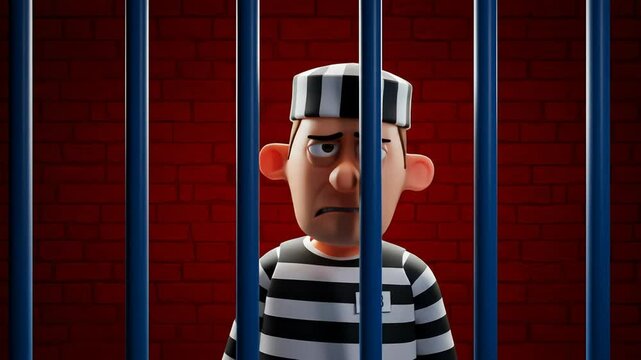 Jail bars cartoon with a stress prisoner looking through. Suitable for illustrating confinement, imprisonment, seeking freedom, justice, or despair themes