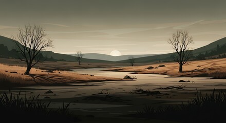 Obraz premium Serene Landscape Depicting Bare Trees, River, and Distant Mountains.