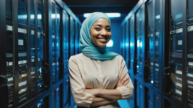 A smiling woman wearing a hijab stands in front of a data center. She is surrounded by rows of servers, showcasing her confidence and expertise in the field
