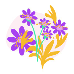 Fototapeta premium Colorful Wildflower Bouquet Illustration. Featuring purple, yellow, and orange flowers with green stems and leaves. Perfect for spring and summer themes, greeting cards, botanical designs