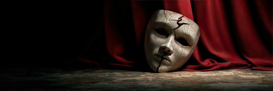 A shattered mask on a stage with dramatic lighting and red velvet curtains