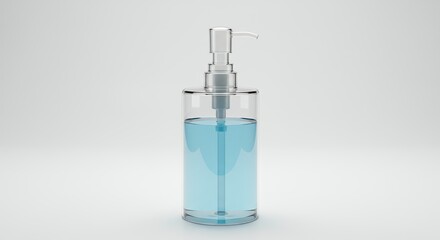 Transparent glass bottle with light blue liquid and dispenser