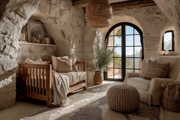 Cozy bohemian nursery interior design with soft colors, woven textures, and natural materials. Concept of bohemian nursery interior design showcasing decor ideas and inviting atmosphere.