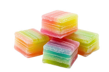 Rainbow layered jellies candy cubes isolated on transparent background