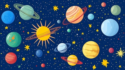 Colorful planets and stars in a space pattern.