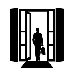 Fototapeta premium Silhouette of Businessperson with Briefcase Entering Building, Professional Journey