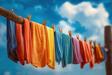 Vibrant laundry day: Colorful towels drying on a clothesline against a summer sky