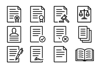 Legal document icons with certification, approval, and justice symbols