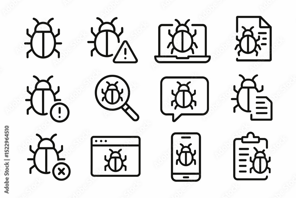 Wall mural bug icons collection: software development and debugging symbols