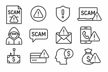 Scam warning icons set including email, online, phone, and card alerts