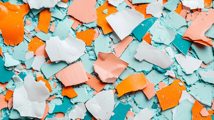 Fototapeta premium A colorful mix of broken paint chips in pastel orange, white, teal, and blue shades scattered across a flat surface.
