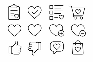 Outline icons: checklist, cart, heart, thumbs up, speech bubble with love