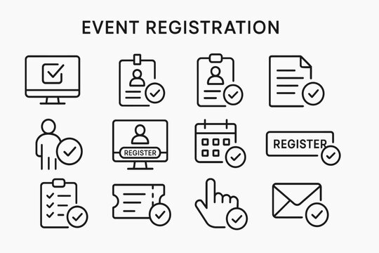 Event registration icons set: checklist, calendar, forms, computer, user