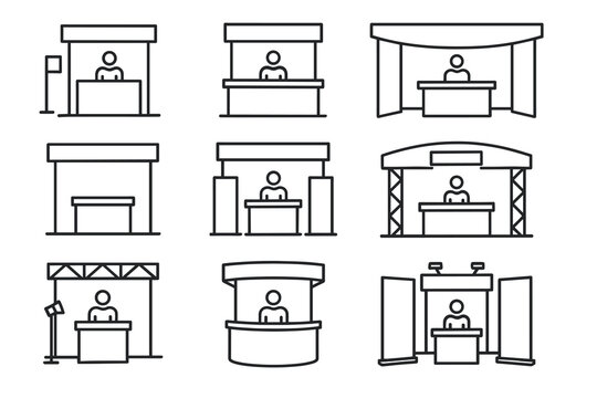Vector icons of various trade show booths and exhibition stands