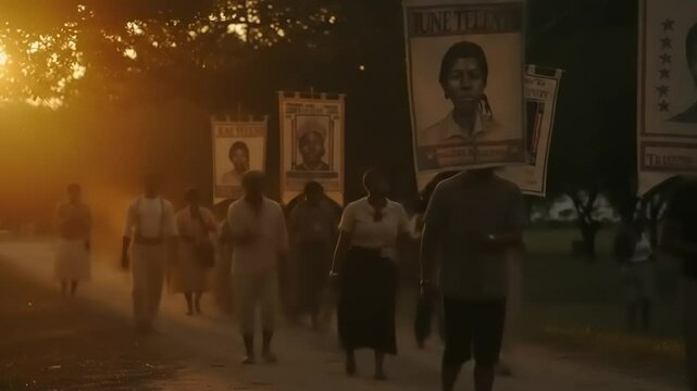 A historical reenactment of Juneteenth celebration with participants carrying banners at sunset