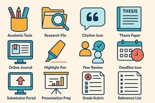 Academic tools and resources icons for research and study