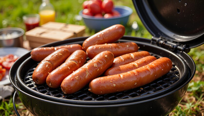 Grilled sausages cooking on barbecue with fresh produce outdoors  