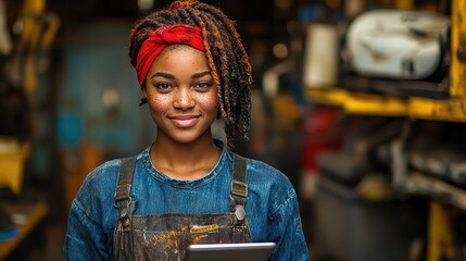 Smiling mechanic woman with tablet in auto repair shop