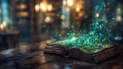 An ancient book with magical sparkles