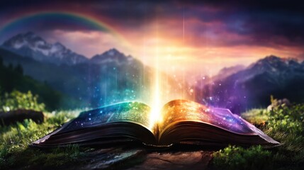 An open book with magical light illuminating a mountain landscape at dusk