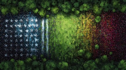 Aerial view of diverse crowd forming flags amid trees