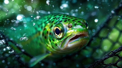 A vibrant fish caught in a net, surrounded by water splashes