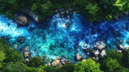 Aerial view of a turquoise river winding through lush green forest