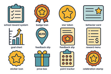 School reward icons set: badge, token, chart, feedback, gift, celebration stamp