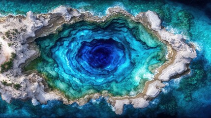 Aerial view of a vibrant turquoise and blue sea cave in a rocky island
