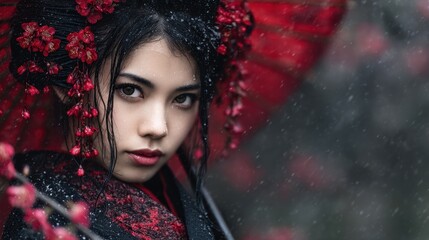 Asian woman in traditional attire, snow falling, flowers
