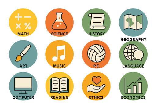 Educational subjects icons: math, science, history, geography, art, music, p.e., language, computer, reading, ethics, economics