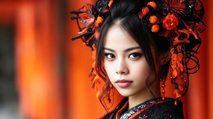 Asian woman in traditional Japanese hairstyle and kimono