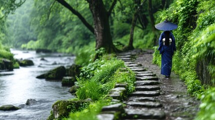 A serene path through a lush, misty forest, a person in traditional attire walks