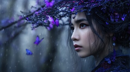 A woman in a forest adorned with purple flowers and butterflies