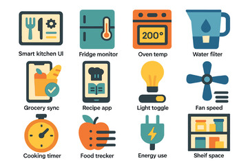 Smart kitchen icons: fridge monitor, oven temp, recipe app, energy use, cooking timer