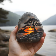 Hand holding painted rock, sunset tree scene, beautiful nature art, serene landscape, high resolution photo