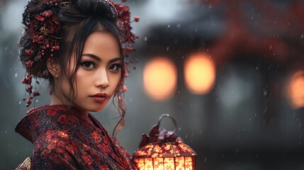 A woman in traditional Japanese attire, holding a lantern